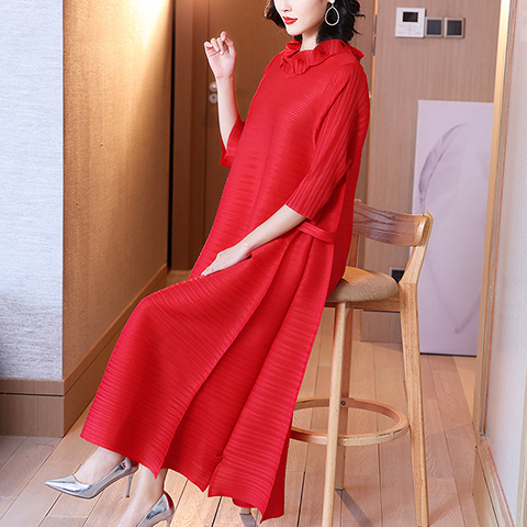 Pleated High End Foreign Style Red Dress Spring 2021 New Women's Loose Size Over Knee Length
