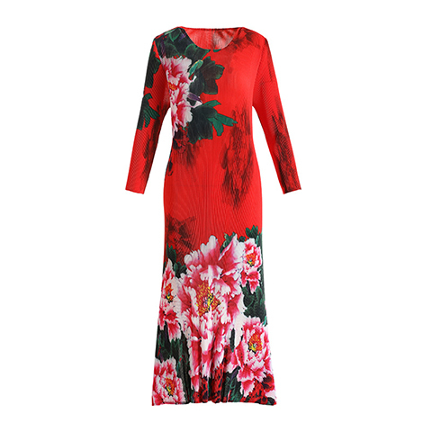 High End Foreign Style Chinese Style Retro Printed Red Mother Dress Spring 2021 New Women's Loose Size Pleated Dress