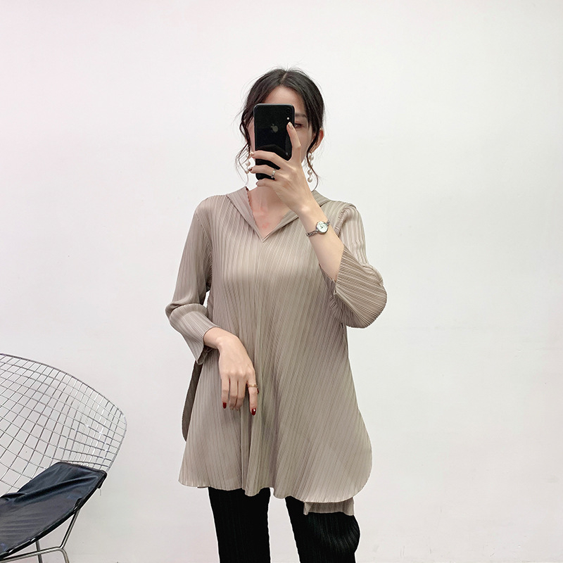 Women Pleated Tops Hooded Shirts Pullove Autumn And Winter 2019 Loose Large Tops