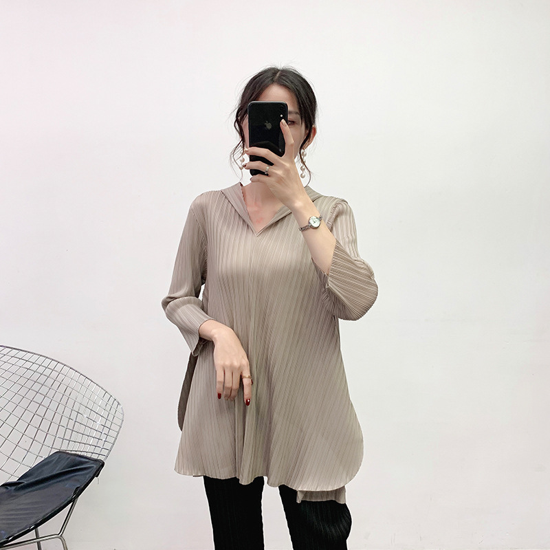 Women Pleated Tops Hooded Shirts Pullove Autumn And Winter 2019 Loose Large Tops