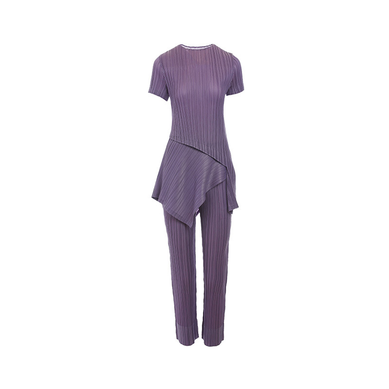Fashion Casual Suit Women's 2020 Summer Pleated Round Neck Short Sleeve Top Straight Pants Two Piece Set