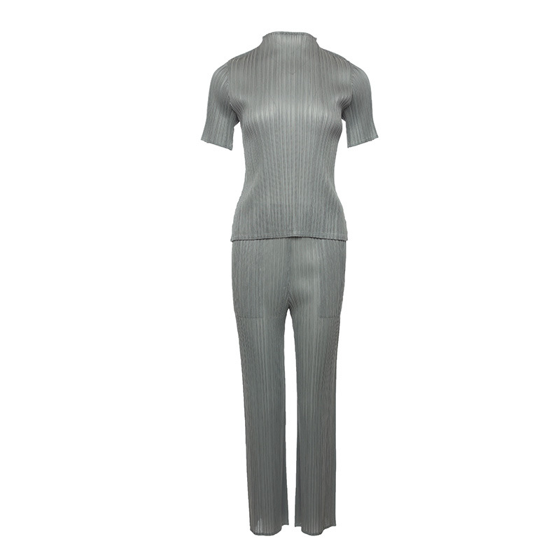 Spring Summer 2020 Women Pleated Suit Women's Short Sleeve Top Fashion Slim Straight Pants Two-piece Set