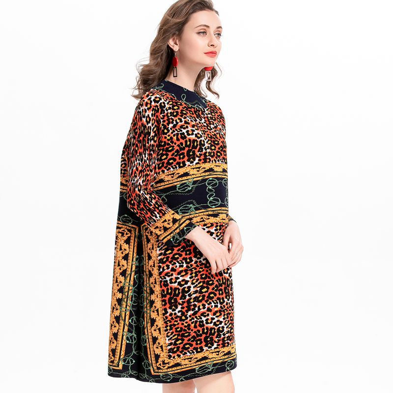 High Neck Leopard Print Women Pleated Tidal Loose Big Size Dress