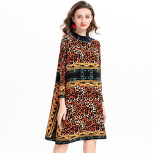 High Neck Leopard Print Women Pleated Tidal Loose Big Size Dress