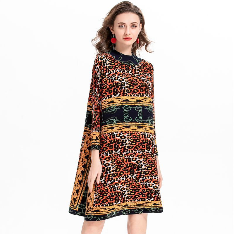 High Neck Leopard Print Women Pleated Tidal Loose Big Size Dress