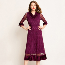 Wrinkle 2019 New Dresses Pleated Solid Color V-neck Lace Velvet Boutique Elegant Dresses