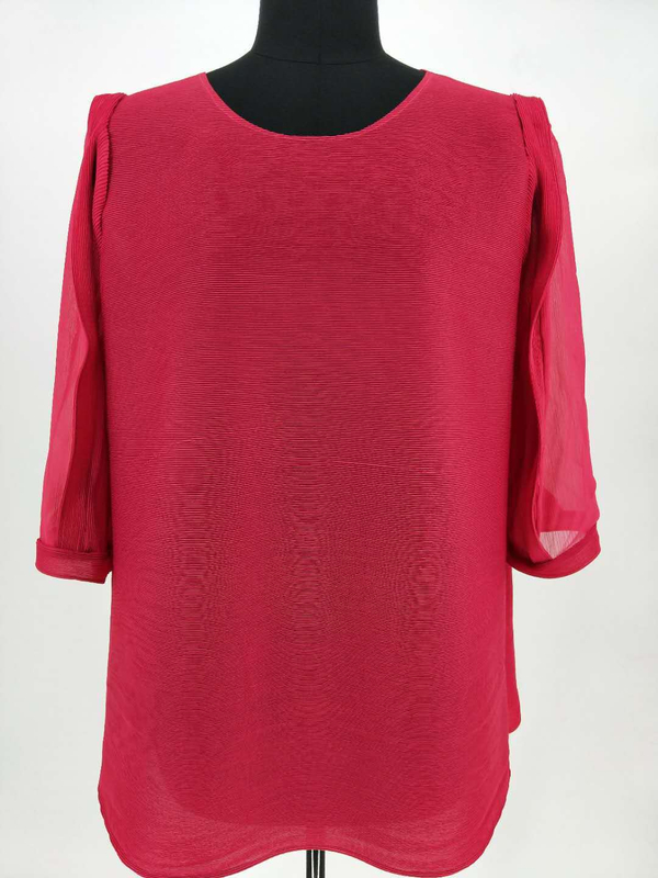 Autumn New Lace Transparent Middle Sleeve Formal Long O-neck Lantern Sleeve Pleat T Shirt