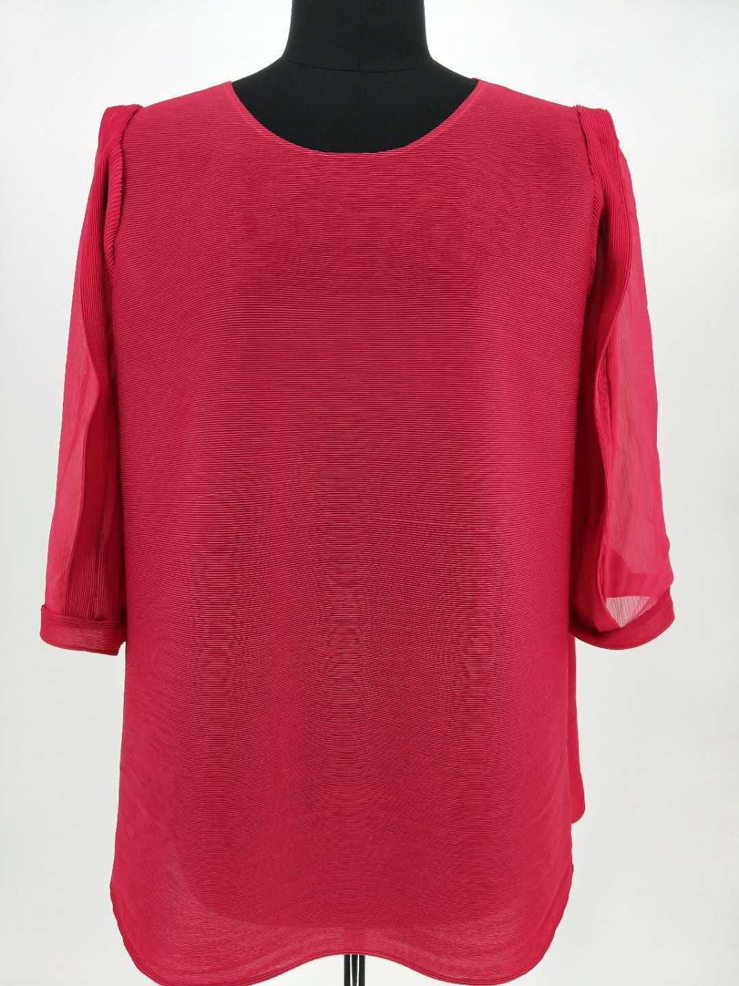 Autumn New Lace Transparent Middle Sleeve Formal Long O-neck Lantern Sleeve Pleat T Shirt