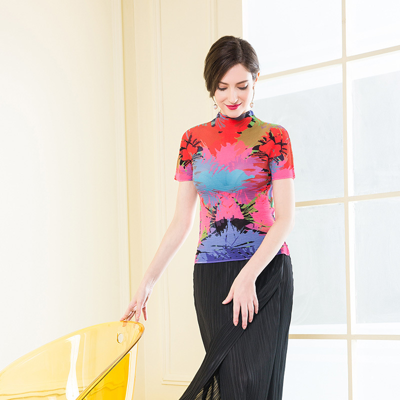 Summer Women Pleated Short Sleeved Printing Pullover Casual Lady Free Size Shirts