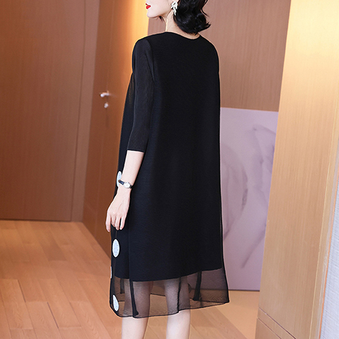 Pleated Mother's Dress Spring New Women's Loose Plus Size High End A-line Black Dress