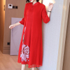 Chinese Style Retro Printed Dress Spring Autumn New Femininity Women Red Two Pieces Plus Size Dress