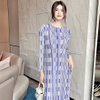 2021 Spring New Striped Pullover Light Medium Length Skirt Loose Waist Blue Casual Round Neck Dress