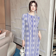2021 Spring New Striped Pullover Light Medium Length Skirt Loose Waist Blue Casual Round Neck Dress