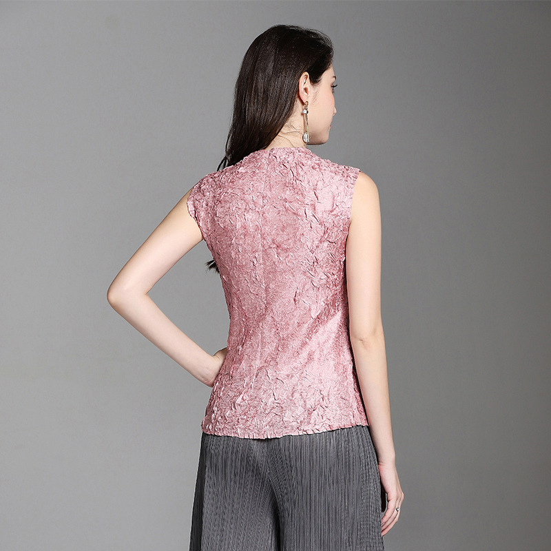 Summer Women Crinkled Office Lady Satin Fashion Sleeveless O-neck Pullover Tidal Blouses Shirts