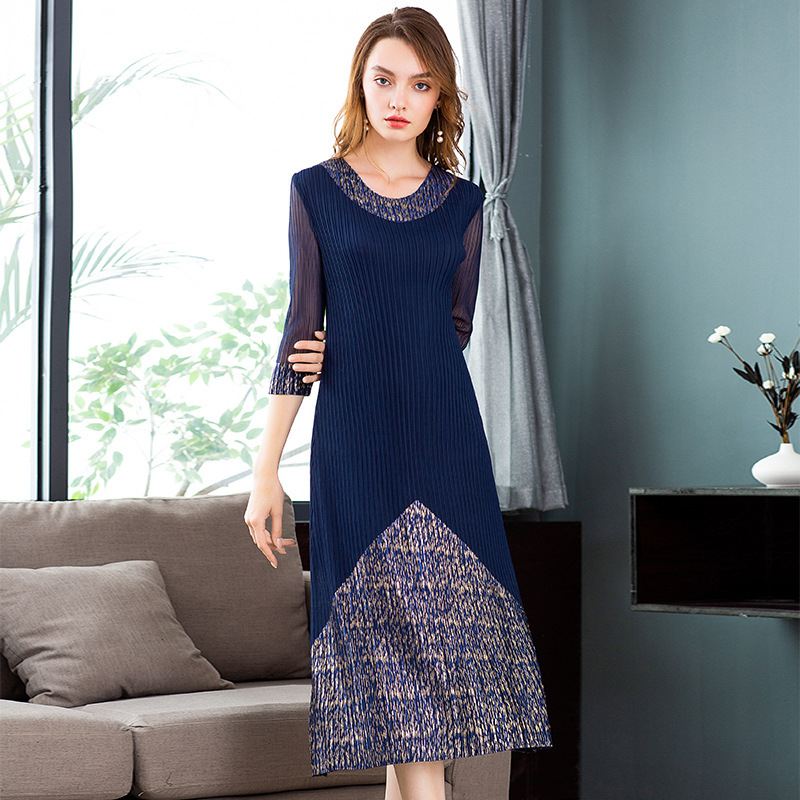 New Soft Women Pleated Autumn Fashion Lady Elegant Printing Lace Long Dress