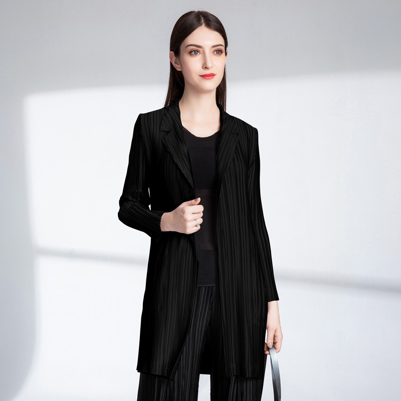 Spring Autumn Women Pleated Jacket Fashion Cardigan Lapel Pure Color Coat