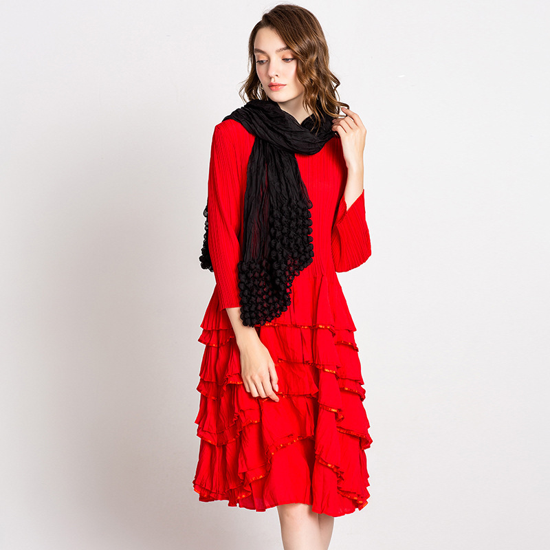 Women Pleats A-line Solid Three Quarter Sleeves Draped Autumn Dress