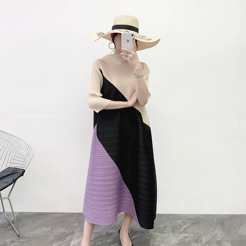 Pleated Dress Spring Summer 2020 New Color Block Pleated Long Loose Large Size Dress