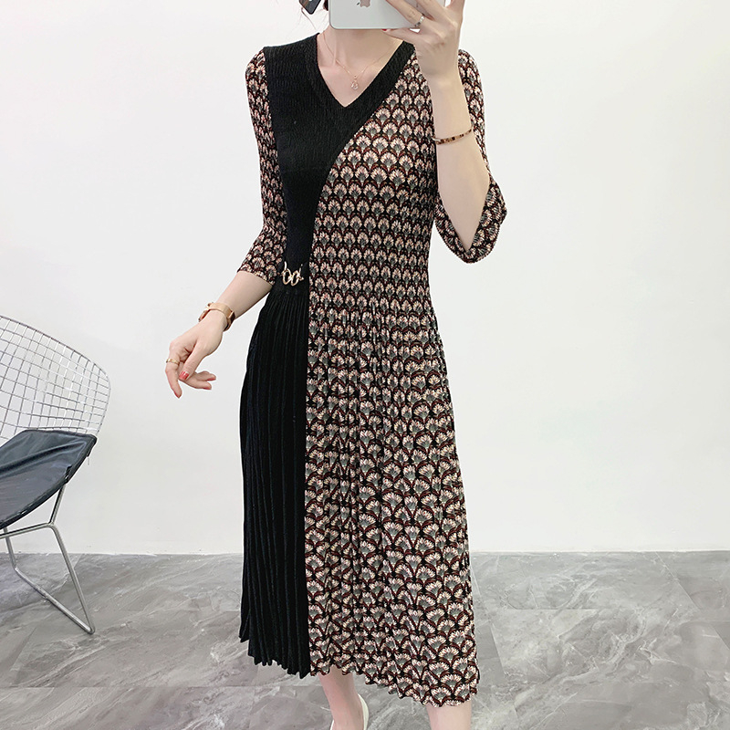 Pleated Dress Spring And Summer 2020 New Women's Pleated Print Bottom Large Size Dress
