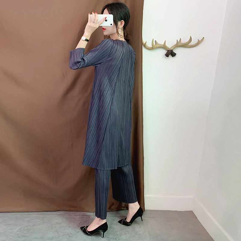 Lady Pleated Pullover Tops Trousers Fold Suit Female Autumn Fashion Two-piece Large-size Clothing Sets