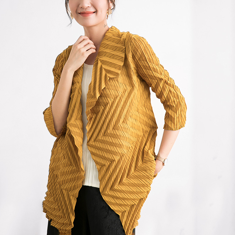 Pleated Outerwear Women's New Design Pure Color Loose Versatile Cardigan