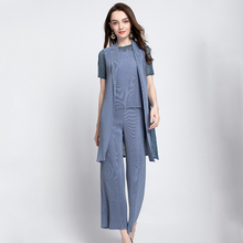 Autumn Women Pleated Fashion Lace Three Pieces Tops Shirts Wide-legged Pants Clothing Sets