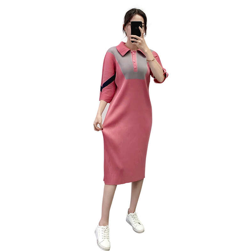 Pleated Lapel Color Blocking Dress 2019 Winter New Large Women's Dress