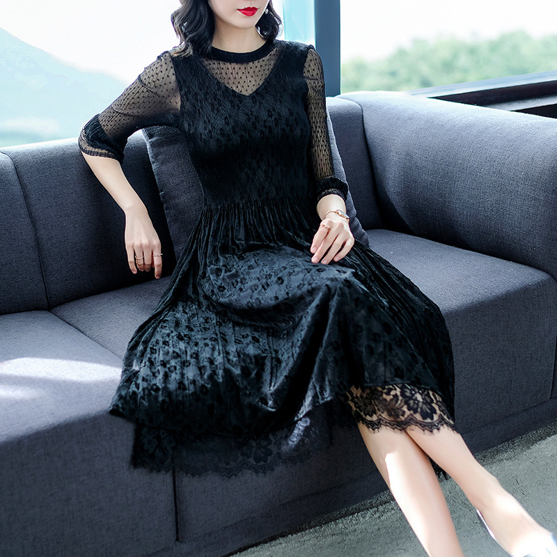 Velvet Dress Spring Pleats 2019 Embroidery Loose Elastic Pleated A-shaped Tidal Dress