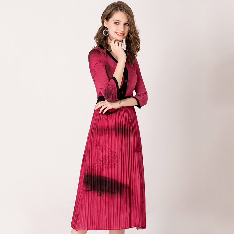 Women Ink Painting Summer Dress V Collar Fashion New Pleated Dress