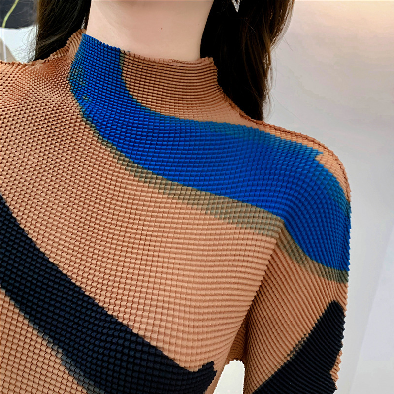 Pleated Top Women's 2020 Spring Women's High Neck Long Sleeve Slim Print T-shirt Bottoming
