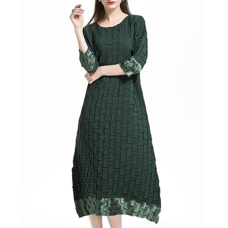 Women Crinkled Pleated Lady Elegant Fashion New Long Sleeves Solid Color Loose Big Size Dress