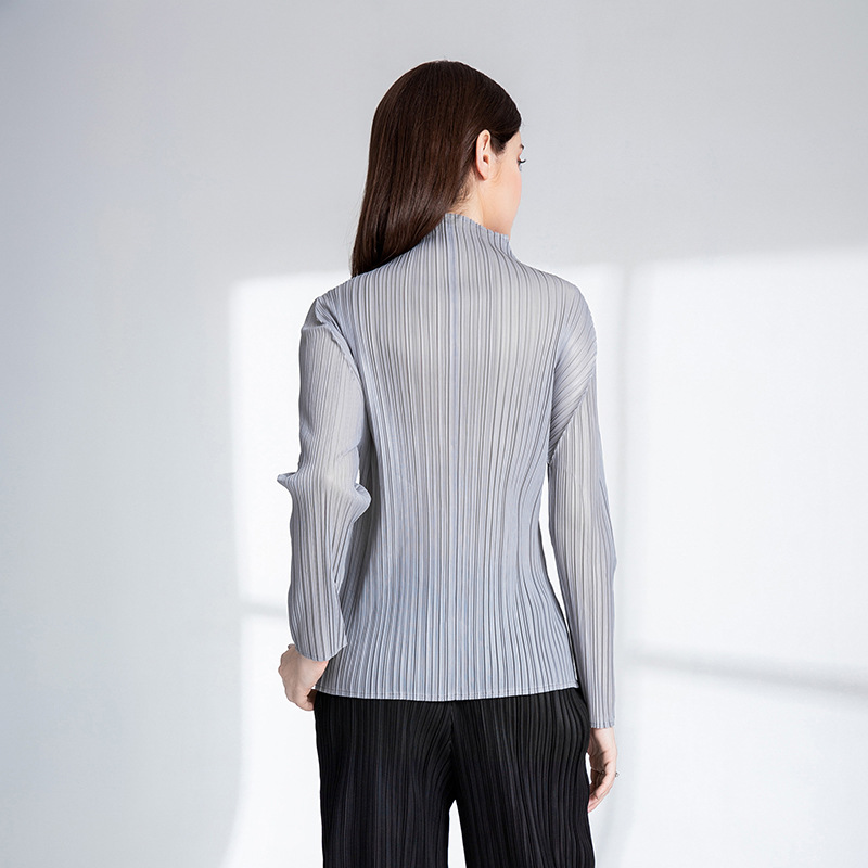 Autumn Women Pleated Pure Color Elastic High Collar Pullover Long Sleeves Shirts