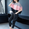 Women Fashion New Pleats Lady Leisure Bat Sleeves High Quality Pullover Striped Shirts Trousers Two Pieces Clothing Sets