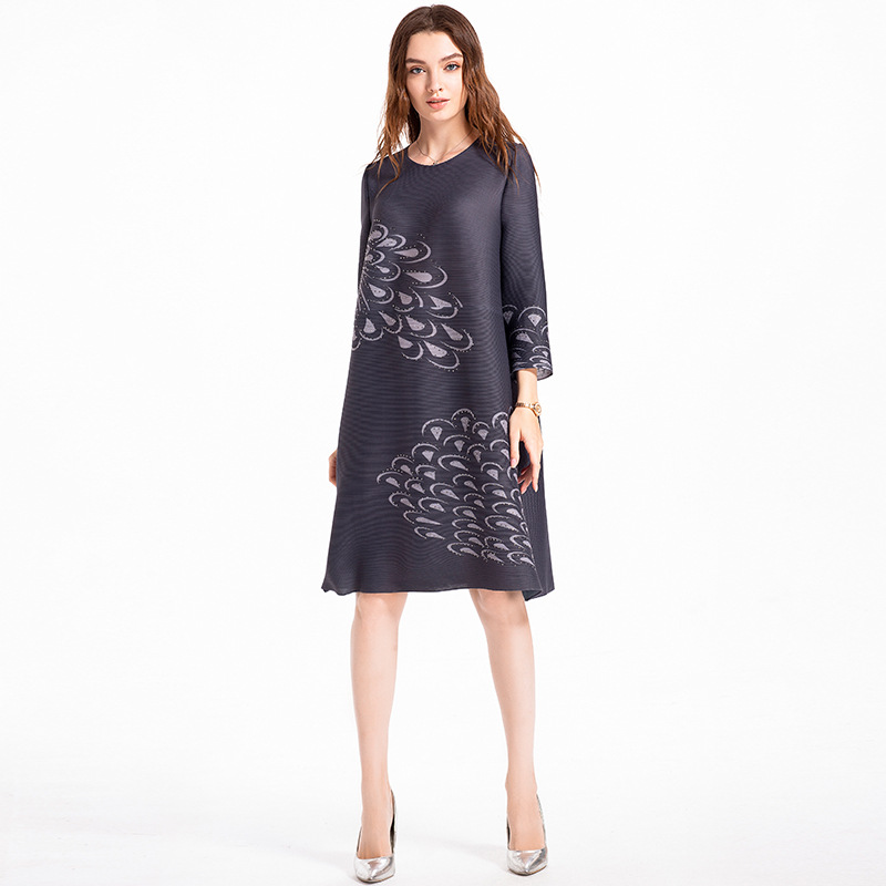 Autumn Women Fashion New Original Design Pleated Printing Casual Long Sleeves Dress