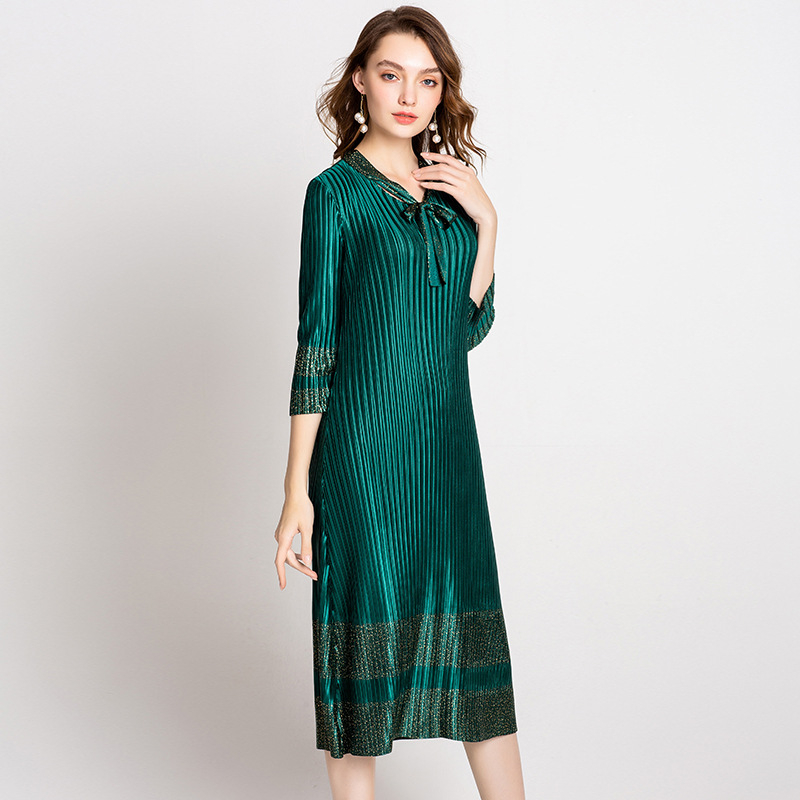 2018 New Arrival Women Pleated Office Lady Elegant A-line Solid Three Quarter Sleeves Bow Mid-calf Autumn Dresses