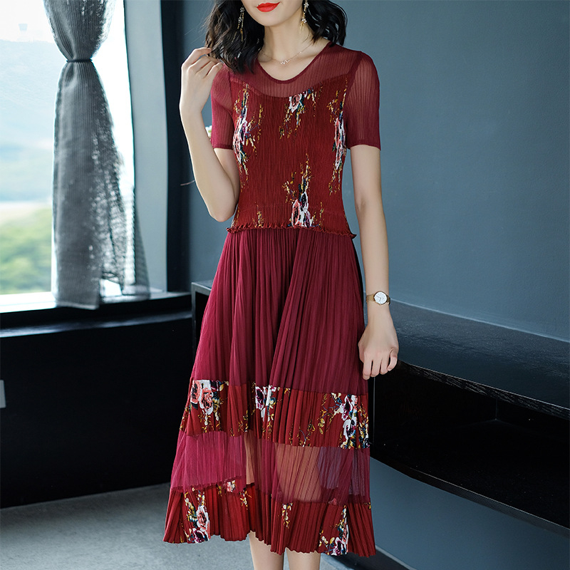 Women Lace Elegant Printing Pleats Lady Long Fashion New One-piece Dress