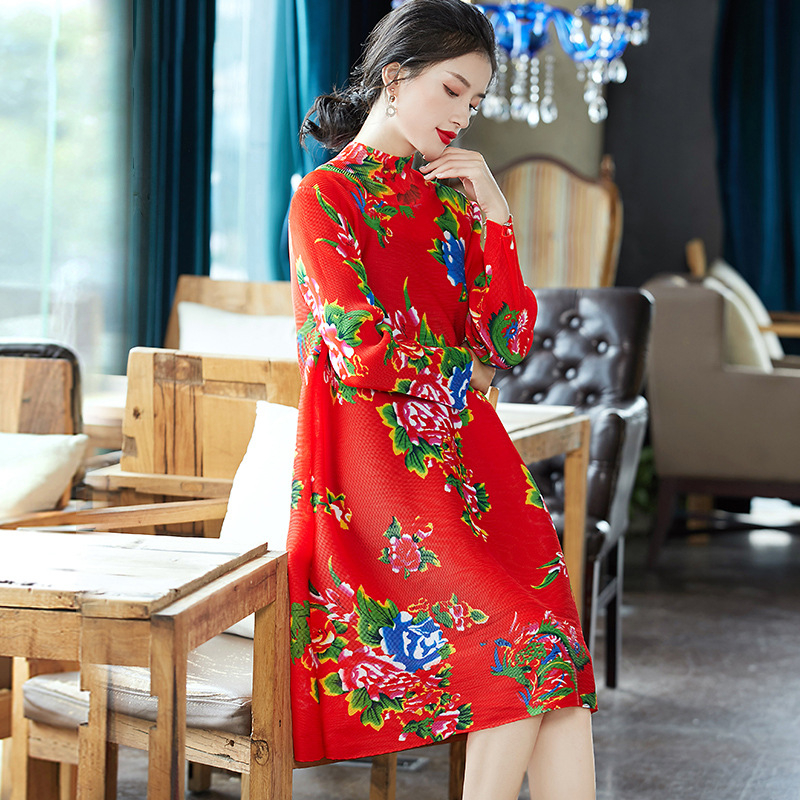 Printed Large Dress New Red Loose Pleated Chinese A-line Dress In Early Spring 2020