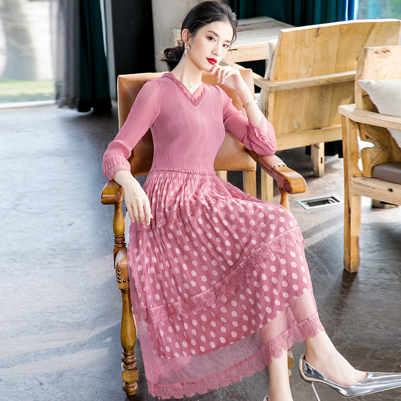 Fashionable Dot Print Pleated Dress 2020 Spring New Style Pleated Dress