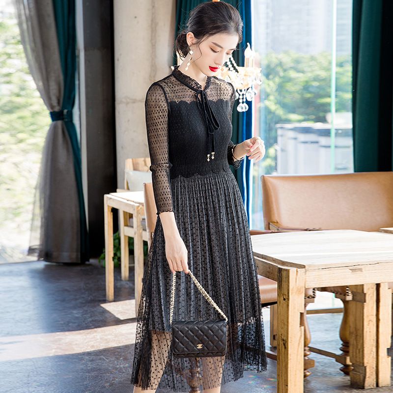 Fashion New Large Size Dress 2020 Spring New Mesh Patchwork Pleated Dress