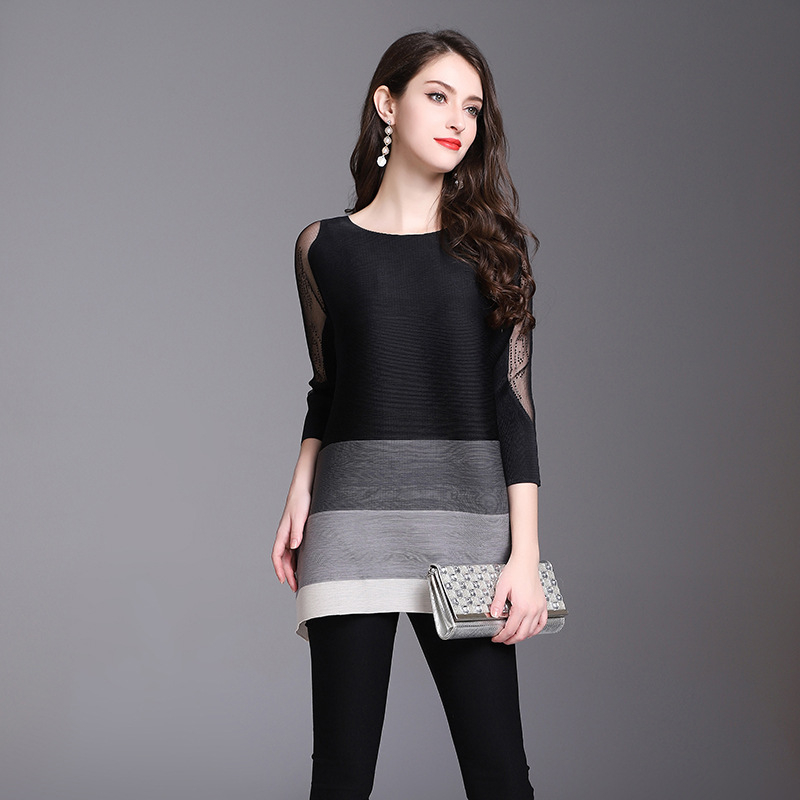 Women Pleated Fashion Tops Office Lady Lace Patchwork O-neck Shirts