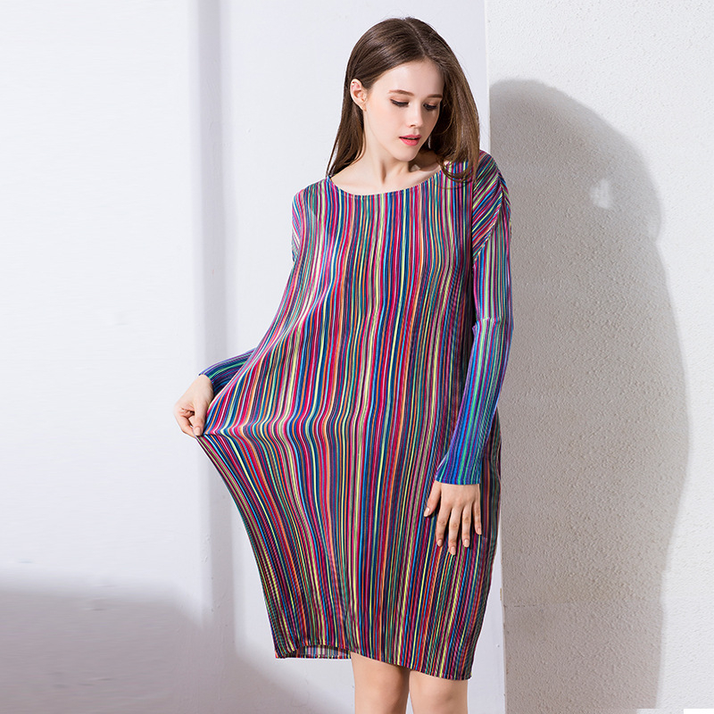 Europ Women Fashion New Striped Loose Pleats Prtinting Lady Elegant Long Sleeved Spring One Piece Fine Dress