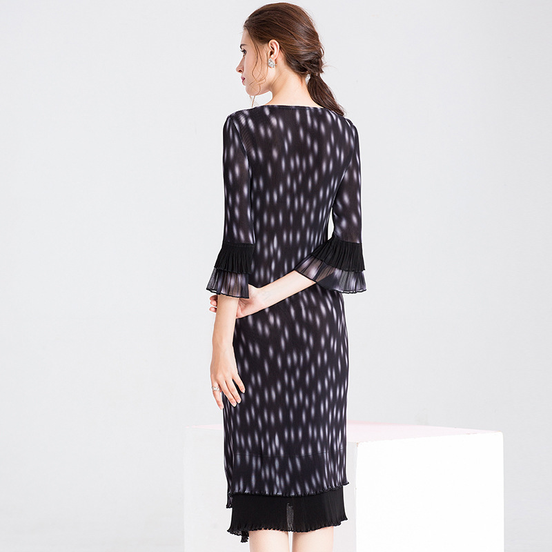 Spring Women Pleated Print Lady Elegant High End Fashion New Dress