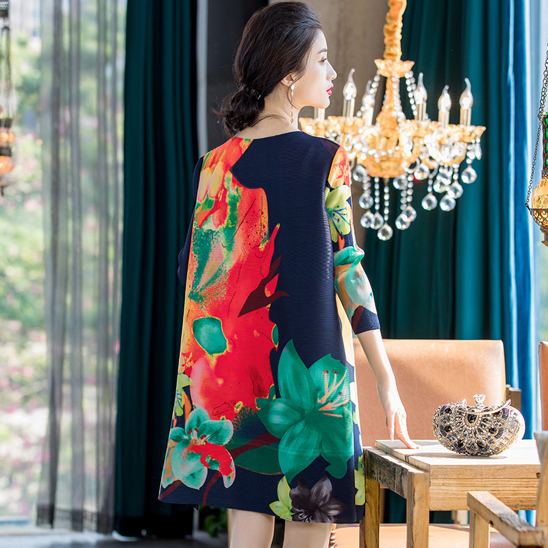 Spring New Women Large Pleated Fashion Dress 2020 Printed Big Size Dress