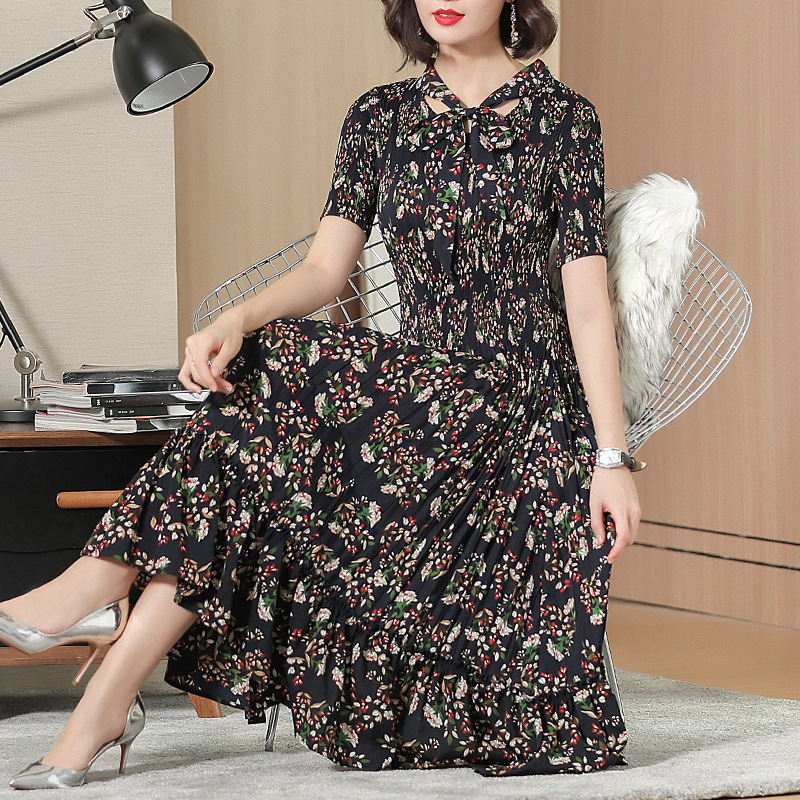Printed Dresses New Long Elegant Women's Decorated Pleated Dress