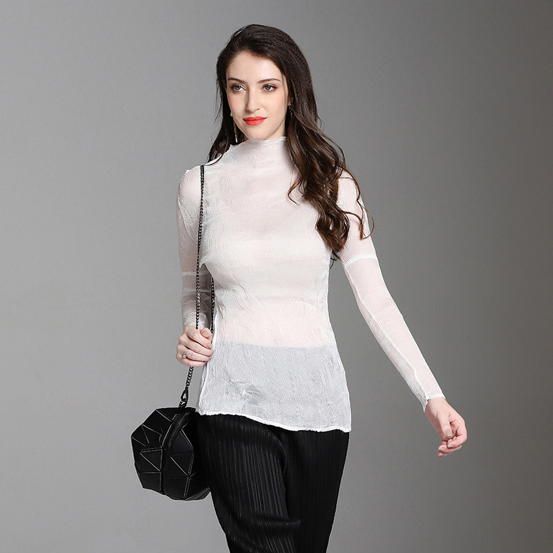 Women Pleated Fashion Popular Long Sleeves Bottom Solid Color Pullover Sexy Shirts