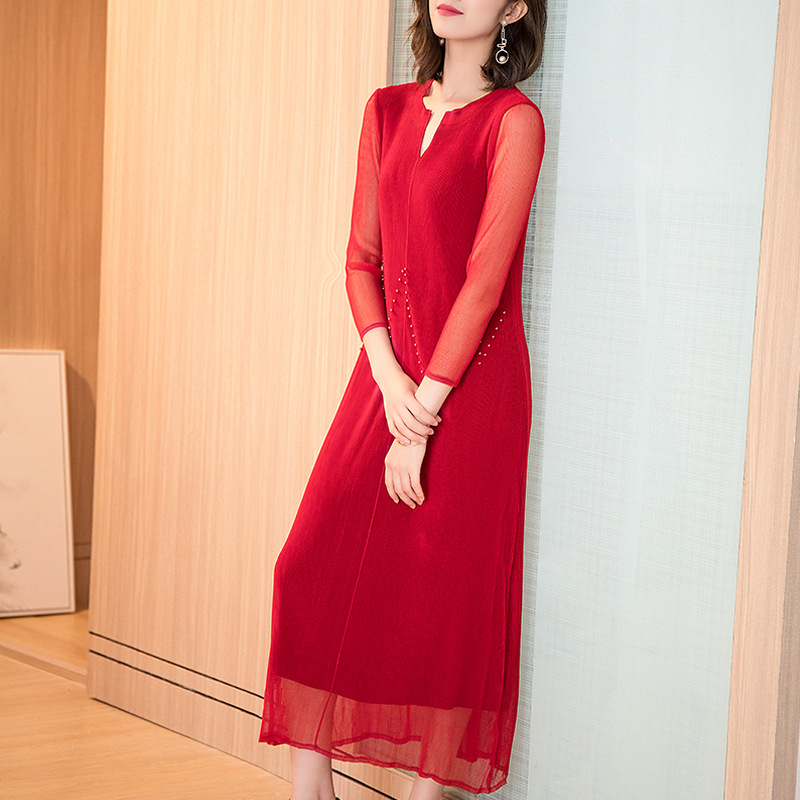 High-waist Dress Spring Summer Women's Loose-gauge Mesh Nailed Beads A-shaped Tide Dresses
