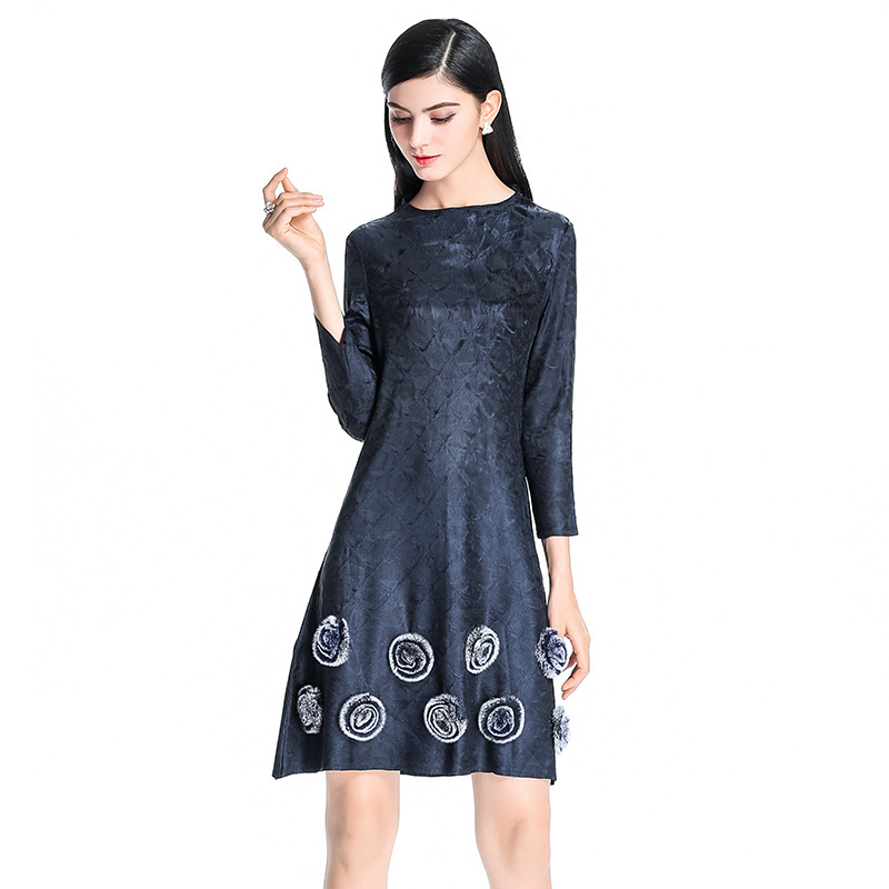 Pleated Fashion Slim Flower Loose Casual Wrist Appliques Natural O-neck Spring Dress