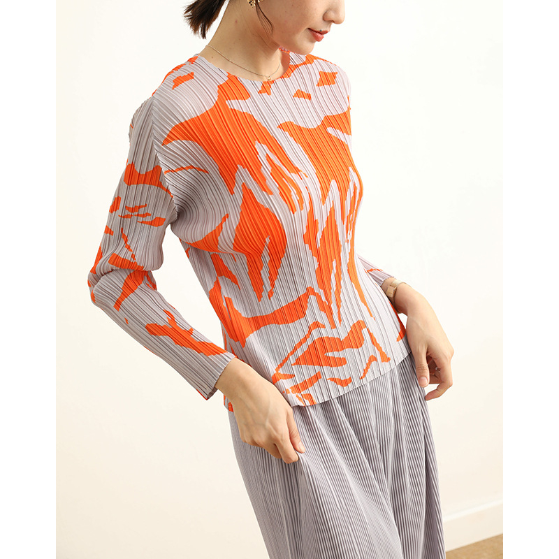 Women Pleated Tops Long Sleeve 2020 Spring Fashion Print T-shirt