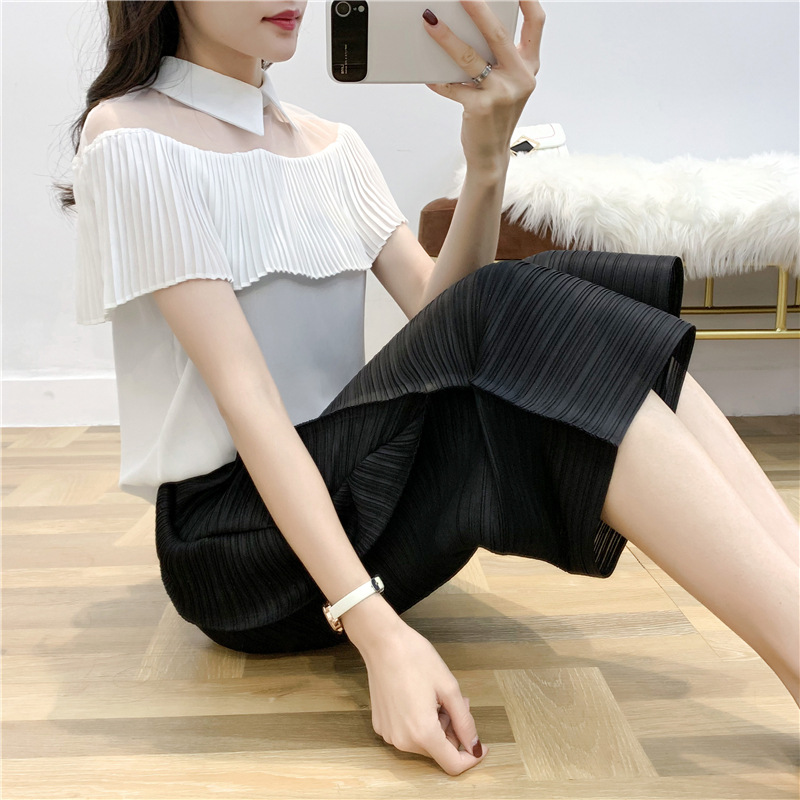 2020 New Pleated 7-point Pants Women's Loose Large Elastic Waist Wide Leg Trousers