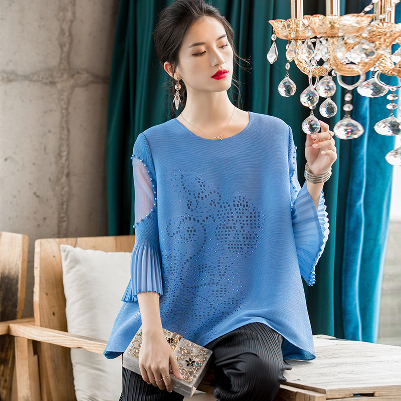 Spring 2020 Women Pleated Tops New Style Embroidered Beaded Loose Versatile shirt